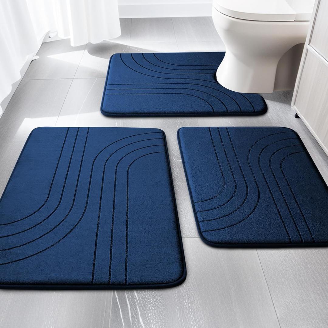 YIHOUSE 3 Piece Navy Blue Bathroom Rug Set, Soft Non Slip Bath Mats, Extra Thick Memory Foam, Machine Washable for Tub, Toilet and Floor