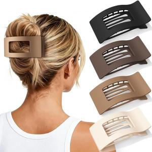 Oeusnae 4 PCS Flat Hair Clips for Women Girls, French Concord Lay Down Claw Clips for Thick Thin Hair, Comfortable Curved Large Flat Clips, Matte Non-slip Strong Hold Hair Accessories, Brown