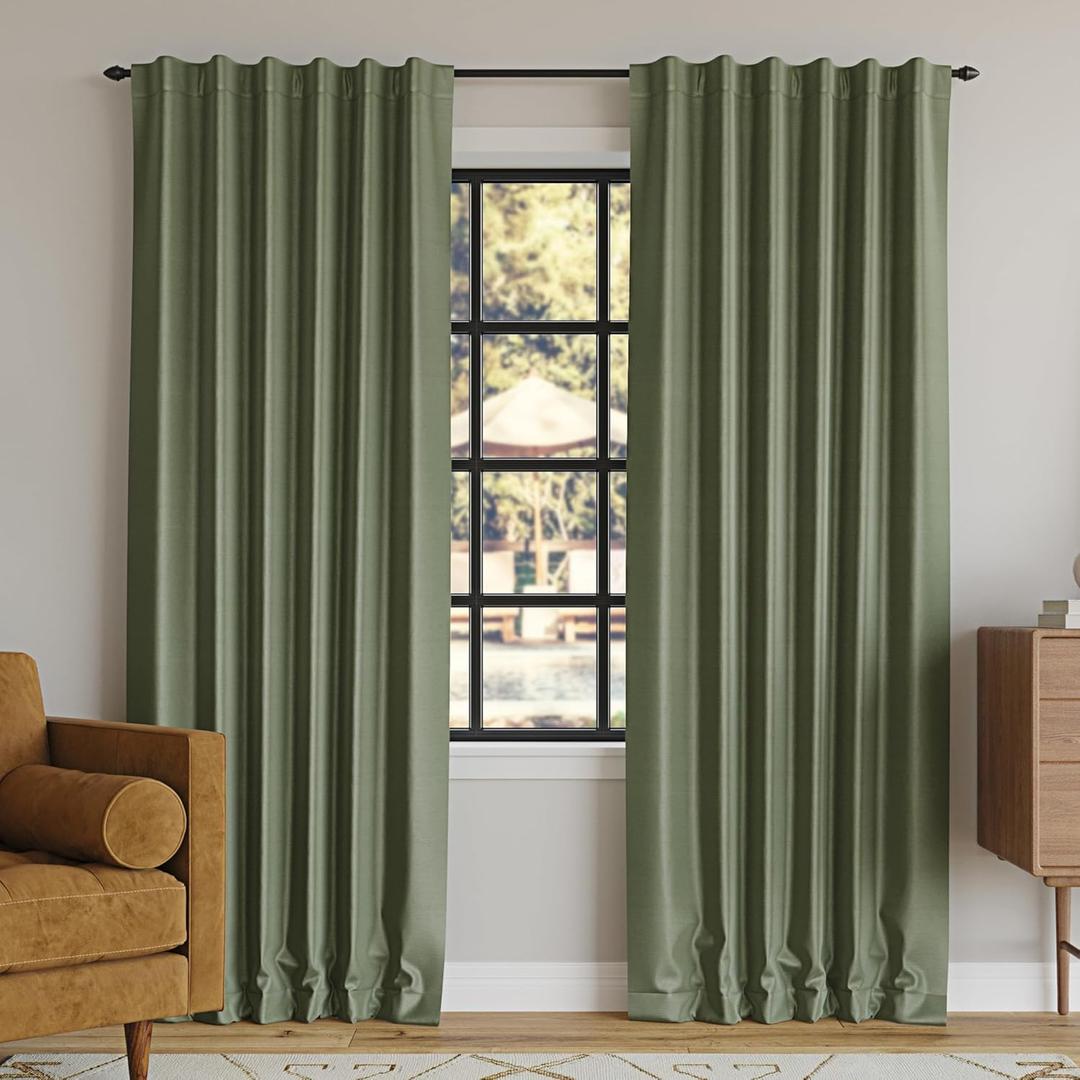 Sun Zero Greyson Faux Dupioni Silk Thermal Extreme 100% Total Blackout Back Tab Curtain Panel, Moss Green, 48" W x 82" L (2 Panel)