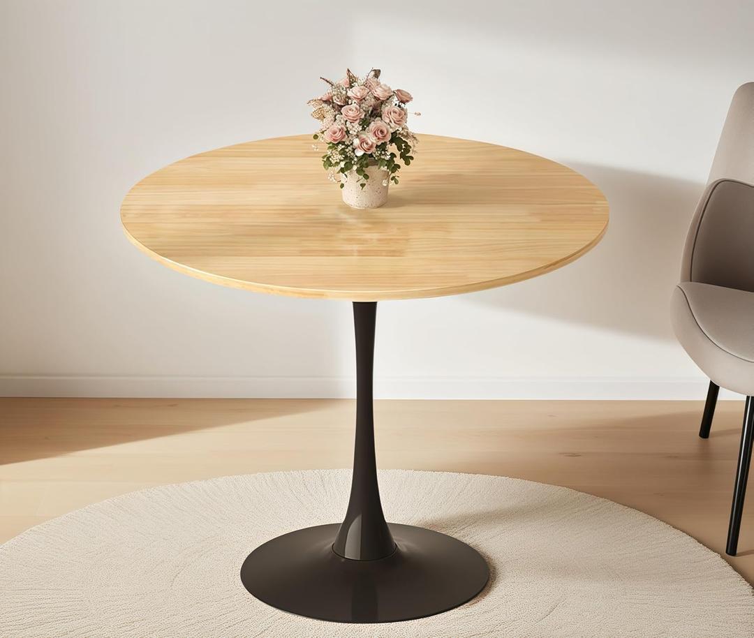 Round Dining Table, 24" Circle Pedestal Table with Thickened Top & Metal Base, Mid-Century Modern Coffee Table for Living Room, Kitchen, Small Spaces, Natural Wood