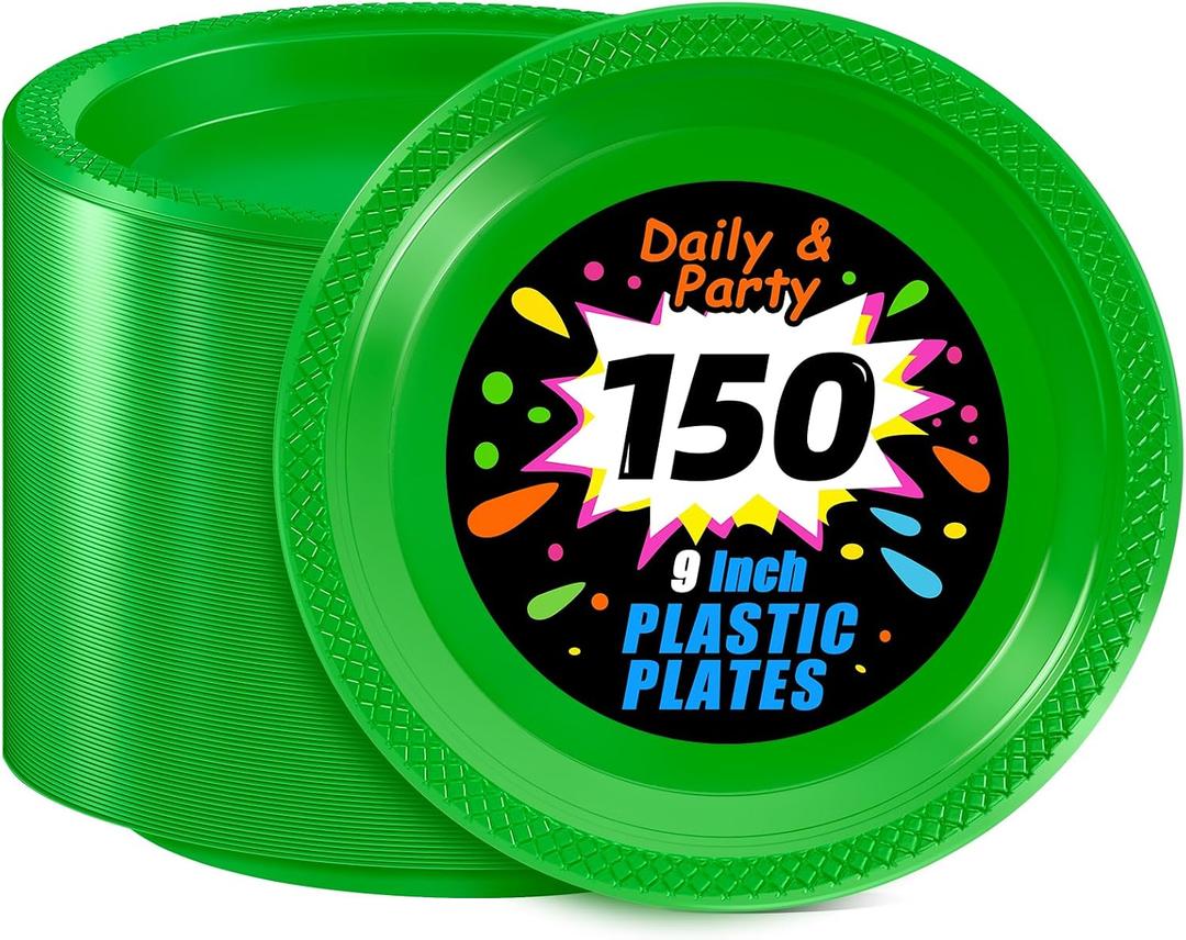 WELLIFE Green Party Plates 9 Inch -150 Count, Disposable Plastic Dinner Plates for New Year Party St. Patrick's Day Easter