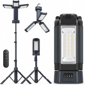 12000mAh Rechargeable Camping Light with Stand 73.2'' | 3200 Lumens Magnetic LED Work Light, Telescopic Detachable Tripod, Remote, Camping Flashlight with Hook, Camping Gear, Grey
