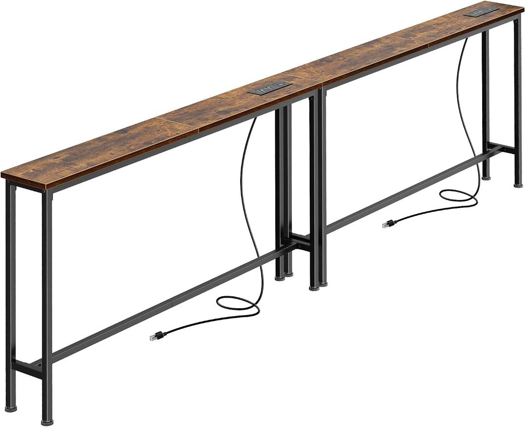 SUPERJARE 86.6 inch Narrow Console Table with Outlet, Sofa Tables, Behind Couch Table, Long Entryway Tables with Charging Station, for Living Room, Rustic Brown AST041Z, 5.9''D x 86.6''W x 29.7''H