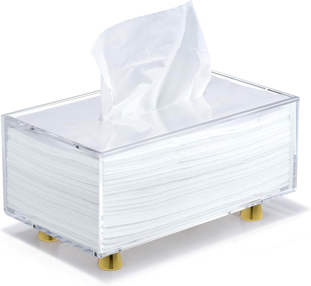 YoBa Thick Acrylic Tissue Box Holder Rectangular Clear Tissue Box Dispenser with 4 Aluminum Legs for Bathroom, Kitchen, Bedroom, Office, Hotels and Restaurant (Clear (Gold Legs), Rectangle)