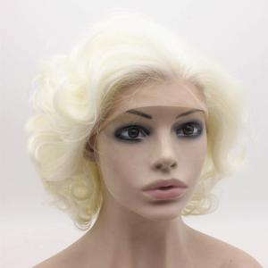 MX angel Short Curly Wavy Wig Half Hand Tied Synthetic Lace Front Natural Heat Resistant Wig Silver White Blonde