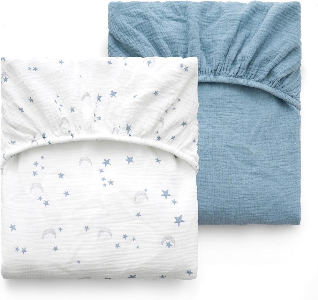 Momcozy Muslin Standard Fitted Crib Sheets, 52"x28", 2 Pack Soft Breathable Natural Cotton Baby Mattress Sheet, 360 Mattress Wrapping No Slip Boys Girls Neutral Toddler Bed Sheet, Blue Star Moon