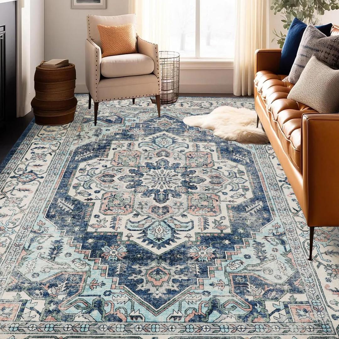 Machine Washable Rug 9x12 Vintage Design Boho Area Rugs for Living Room, Bedroom, Kitchen, Soft Non-Slip Indoor Large Carpet, Navy/Beige-Print Design