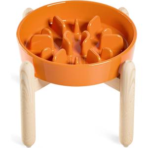 LE TAUCI Ceramic Slow Feeder Puzzle Bowl Elevated 1.5 Cup with Wooden Stand for Small & Medium Dog, Fast Eater Food Bowl Sun Orange