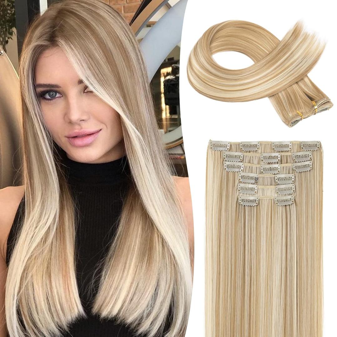 LONAI Clip in hair extensions 6PCS Straight 24" Hair Extensions for WomenHeat Resistant Synthetic Hairpiece-Dark Blonde with Highlights