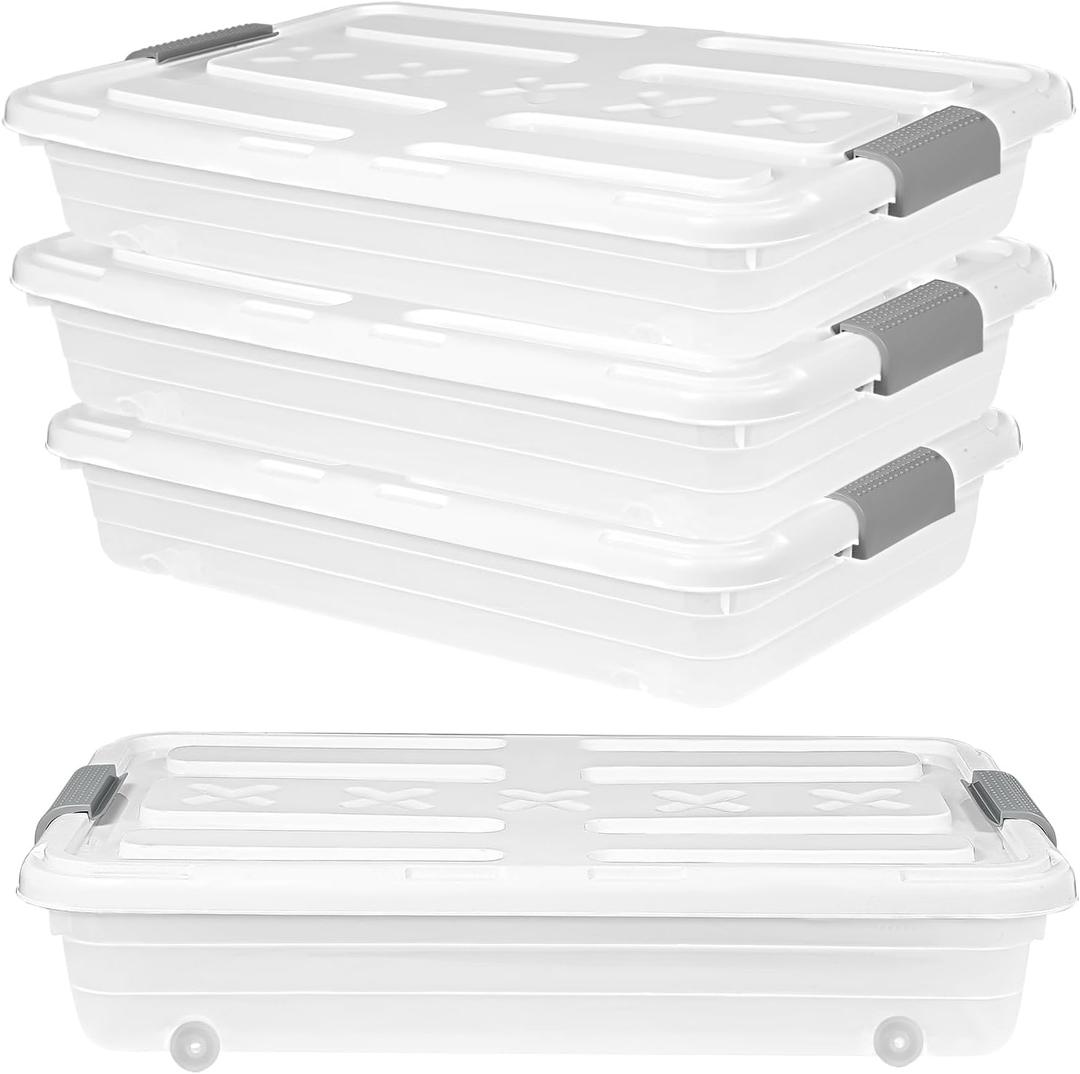 4 PCS*37 Qt Wheeled Latching Under Bed Storage, Stackable Bin with Latch Lid, Plastic Container to Organize Shoes Underbed, Clear with White Lid(White)