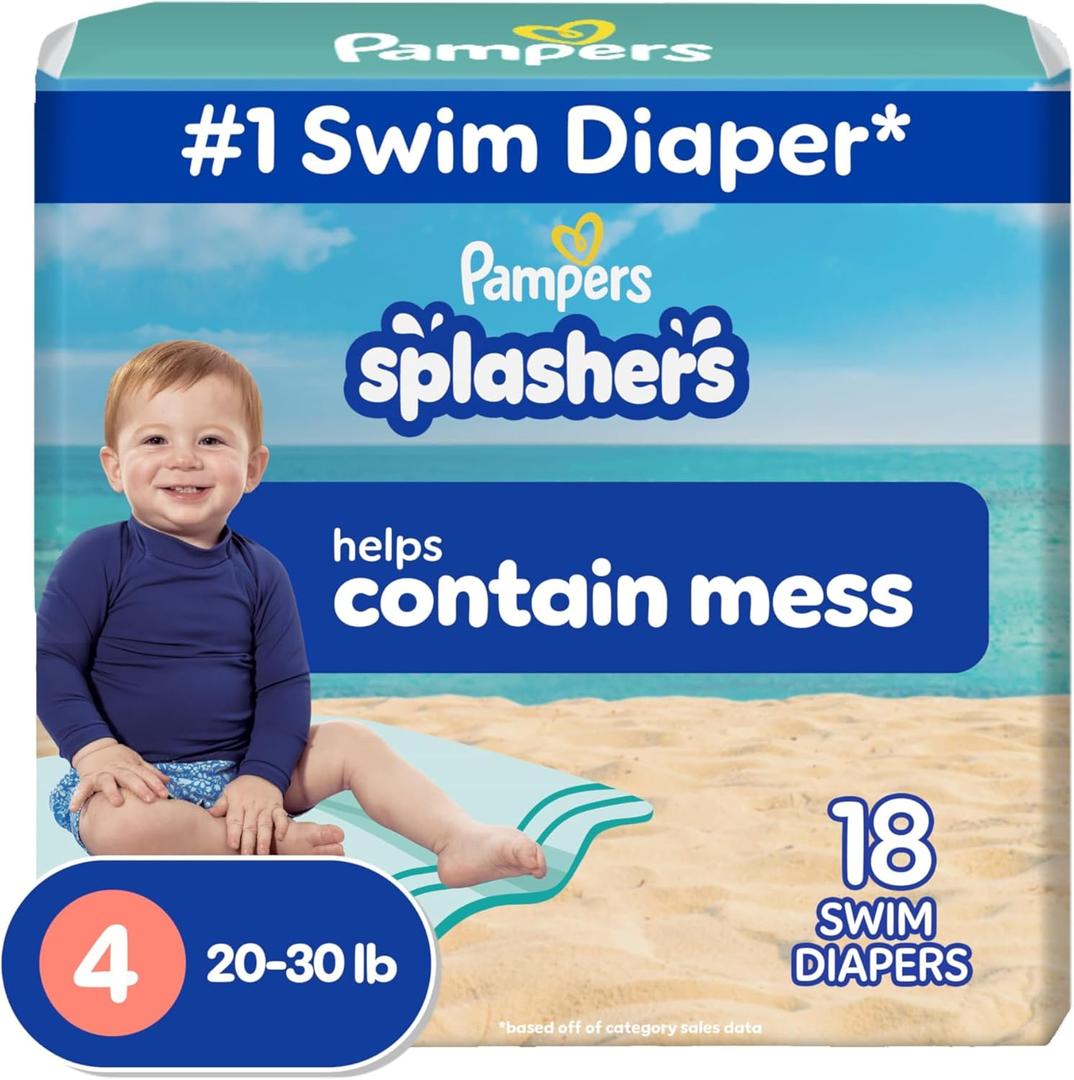 Pampers Swim Diapers - Splashers - Size 4, 18 Count, Gap-Free Disposable Baby Swimming Pants, 20-33 Lb