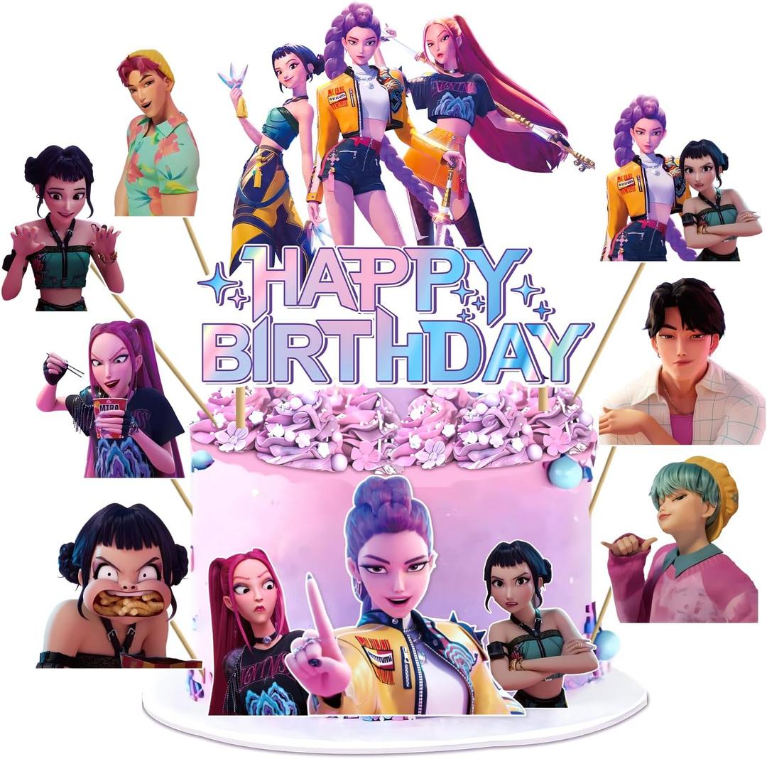 Popular Birthday Cake Topper, Cartoon Cake Decorations Include 1pc Happy Birthday Glittery Cake Topper and 10pcs Cupcake Topper, Fantastic Popular Birth day Party Decorations