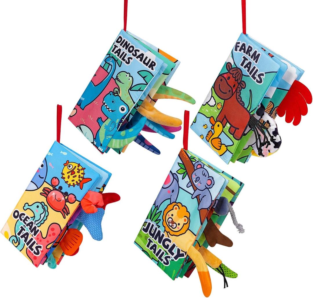 4-Pack Baby Crinkle Books for Babies 0-6 Months, Soft Cloth Touch and Feel Sensory Books 6-12 Months, Infant Toys with Tails & Squeaker, Tummy Time Toy for Newborn, Set - Blue