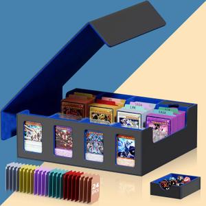 Trading Card Storage Box with Commander Display, 4-Row Deck Case w/Removable Lid; 3900+ Card Deck Box for MTG TCG Sports Cards, 8 Toploaders, 4 Stoppers, 24 Dividers,1 Dice Tray (Black)