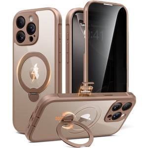 BERFY for iPhone 16 Pro Case, Compatible with MagSafe, Built in Privacy Screen Protector and 360 Spin Magnetic Stand, Anti-Spy Full Body Shockproof Clear Phone Case for 16 Pro 6.3", Desert Gold