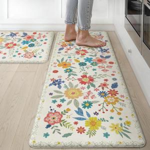 GENIMO Kitchen Mats for Floor 2PCS, Cushioned Kitchen Rugs Non Slip Washable, Anti Fatigue Mat Waterproof, Comfort Standing Mat Rug for Office, Home, Sink, Laundry, 17.3"x47"+17.3"x30", SoftWhite