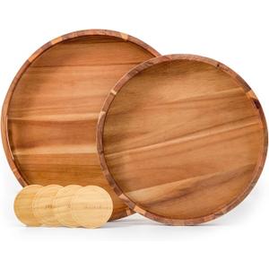 Round Wood Serving Trays Set of 2, Ottoman Tray Rustic Acacia Wooden Trays with Handles, Nesting Circle Tray with 4 Coasters for Coffee Table Living Room Bathroom Bedroom Party (15.75"+13.78" Round Tray - Acacia)