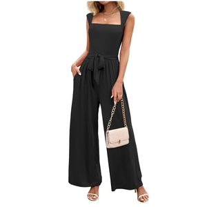 Women's Jumpsuits Dressy Casual Sleeveless Belted Long Wide Leg Pants Elegant One Piece Jumpsuit Summer black,Large