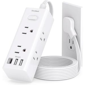 5Ft Extension Cord with Multiple Outlets, Flat Plug Power Strip Surge Protector with 5 Ft Long Cord, 6 Outlet 3 USB Ports (1 USB C), Multi Outlet Wall Plug for Travel, College, Dorm Room Essentials (White)