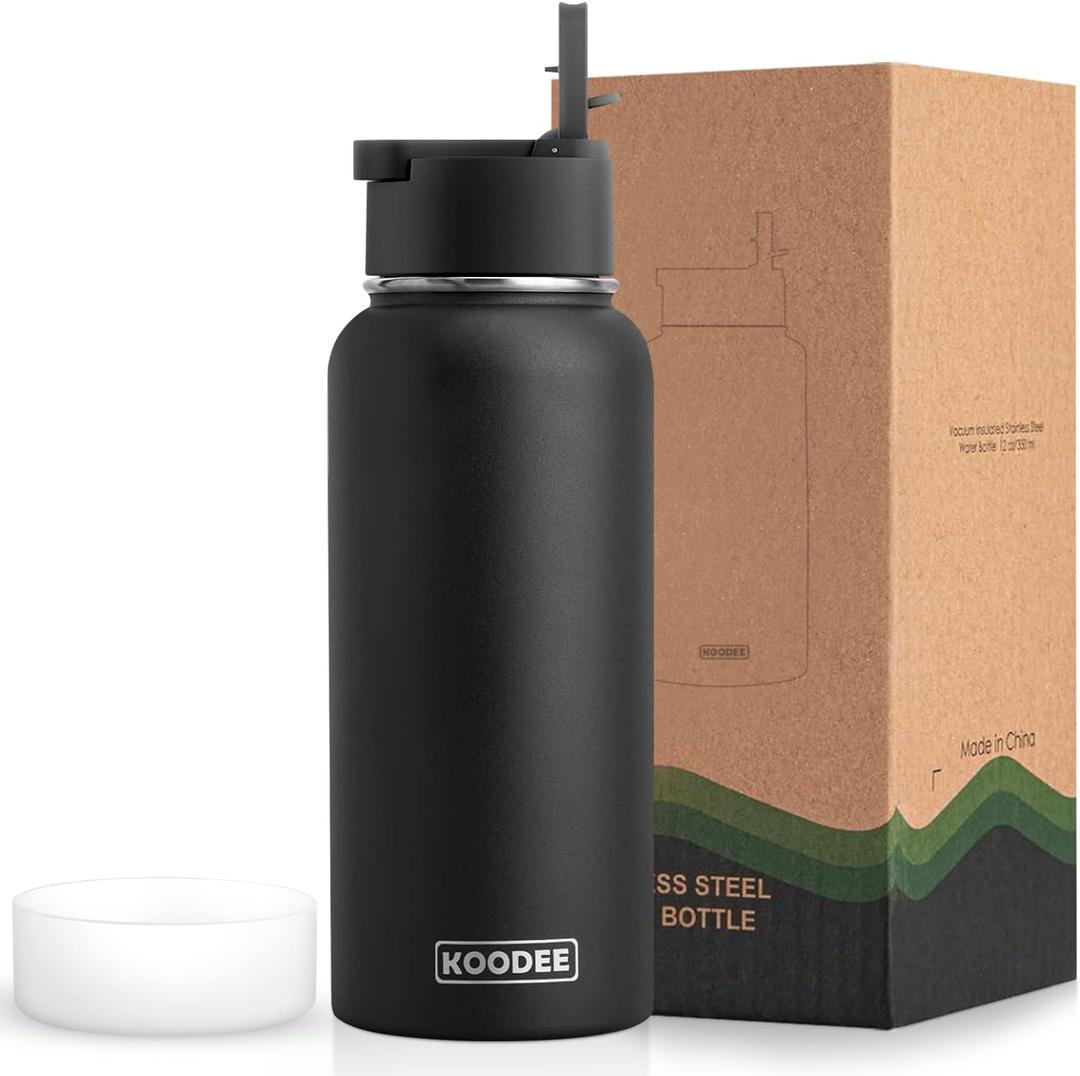 Koodee 32 oz Water Bottle with Wide Handle Straw Lid, Vacuum Insulated 18/8 Stainless Steel Wide Mouth Flask (Black)
