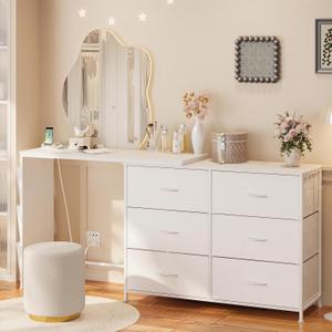 Modern Corner Vanity Desk with 6 Fabric Drawers Power Outlet Side Pocket L Shaped Drawers Makeup Desk Dressing Table for Girls Women Bedroom (6 Drawer, White)