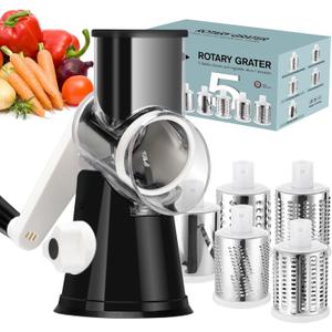 Ourokhome Rotary Cheese Grater Hand Crank, Kitchen Shredder Speed Mandolin Slicer Ice Shaver with Handle and Drum Blades for Cheese, Vegetable, Nuts, Chocolate, Potato, Carrot, 5 Blades, Black