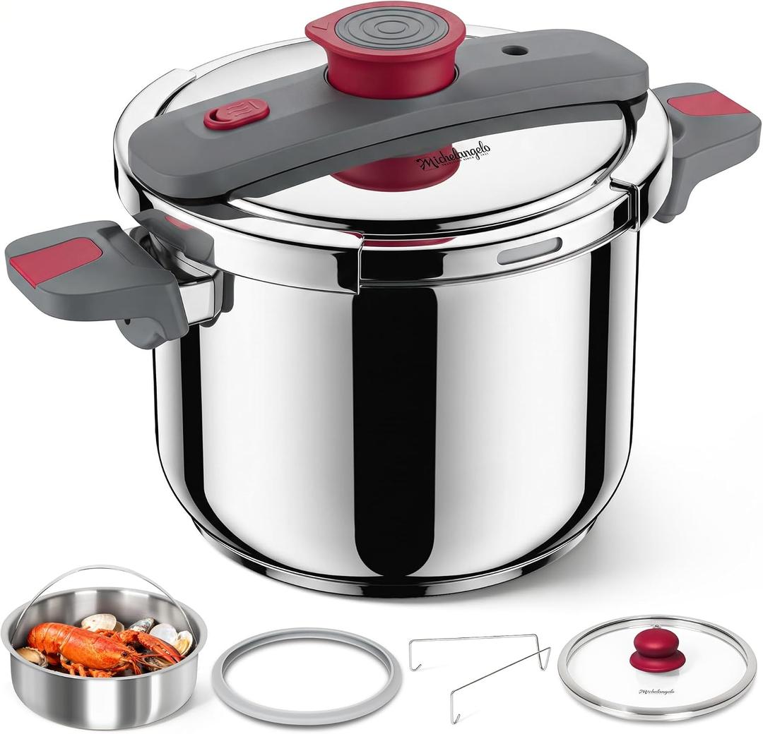 MICHELANGELO Stovetop Pressure Cooker Stainless Steel, 8.5 qt, 304 Stainless Steel, 6-Fold Safety System, One-Hand Easy-Open Lid, 2 Pressure Settings, Induction Compatible, Steamer Basket & Glass Lid