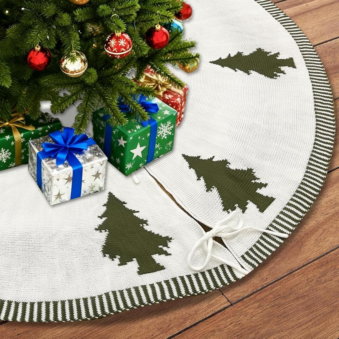 GUDELAK Christmas Tree Skirt 60 Inches, Double-Sided Green and White Knit Tree Skirt with Xmas Tree Patterns Large Tree Skirt for 7.5 ft Tree to 10ft Tree Christmas Decorations for Party Holiday