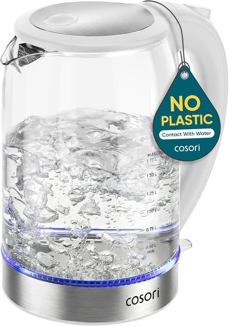 Cosori Electric Kettle, No Plastic Contact With Water, Wide Mouth For Easy Cleaning, Auto Shut Off, 1.7L Tea Kettle & Hot Water Boiler, Water Heater & Teapot, Borosilicate Glass, White, 1500W