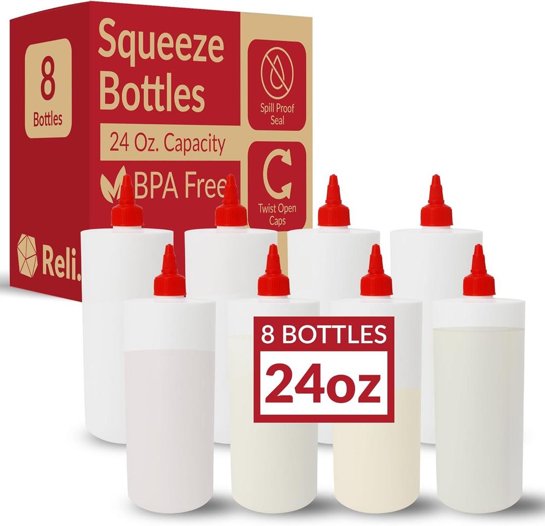 Reli. Plastic Squeeze Bottles, 24 oz. | 8 Pack | Condiment Squeeze Bottles for Sauces | White w/Red Twist Cap | Large 24 Ounce | Use for Condiments, Olive Oil, Liquids