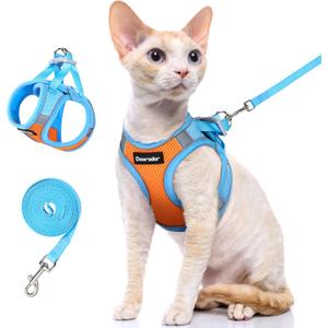 Dooradar Cat Harness and Leash Set, Escape Proof Lightweight Kitten Harness, Soft Breathable Reflective Vest for Outdoor Walking Traveling, Adjustable for Small Cats, Orange & Blue, S