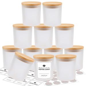 SUPMIND 12 Pack Empty Candle Jars 7oz Frosted Glass Jars with Bamboo Lids and Stickers and Labels, Bulk for Making Candles Containers Vessels - Dishwasher Safe
