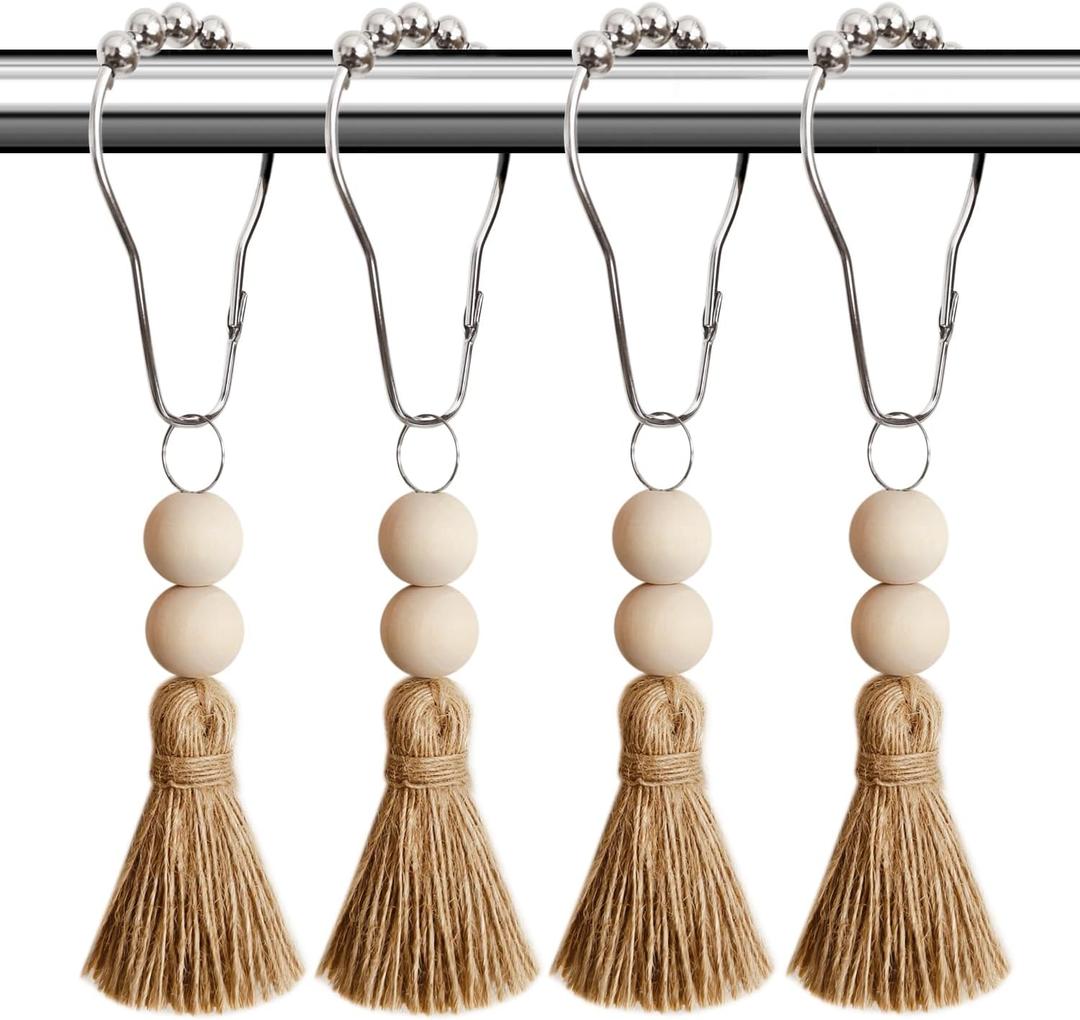 Boho Shower Curtain Hooks Rings Rustproof, CHICTIE Nautical Decorative Shower Curtain Rings with Handmade Wood Beads Tassel, Farmhouse Home Bathroom Bedroom Baby Room Decor Set of 12 (Natural Jute)