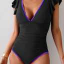 Aidonger Women's One Piece Ruffle Swimsuit Tummy Control Bathing Suit V Neck Shell Stitched Swim Suit Slimming Swimwear (Black, S)