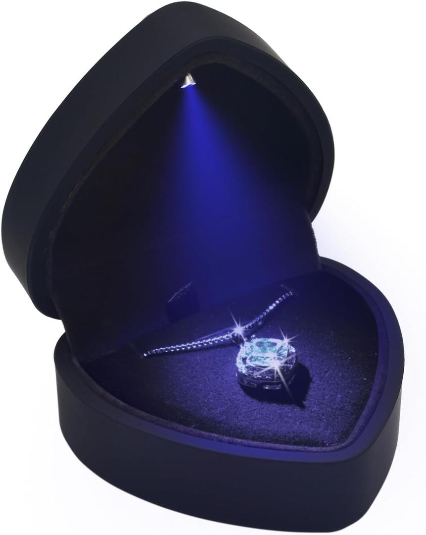 Luxury LED Lighted Necklace Earring Box - Heart Shaped Elegant Black Jewelry Box for Wedding Necklace Display, Perfect for Engagement, Anniversary, Ceremony, and Gift Giving