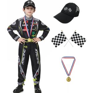 Race Car Driver Costume Boys Racer Jumpsuit With Car Cap Kids Dress Up for Halloween (No Size, Black)