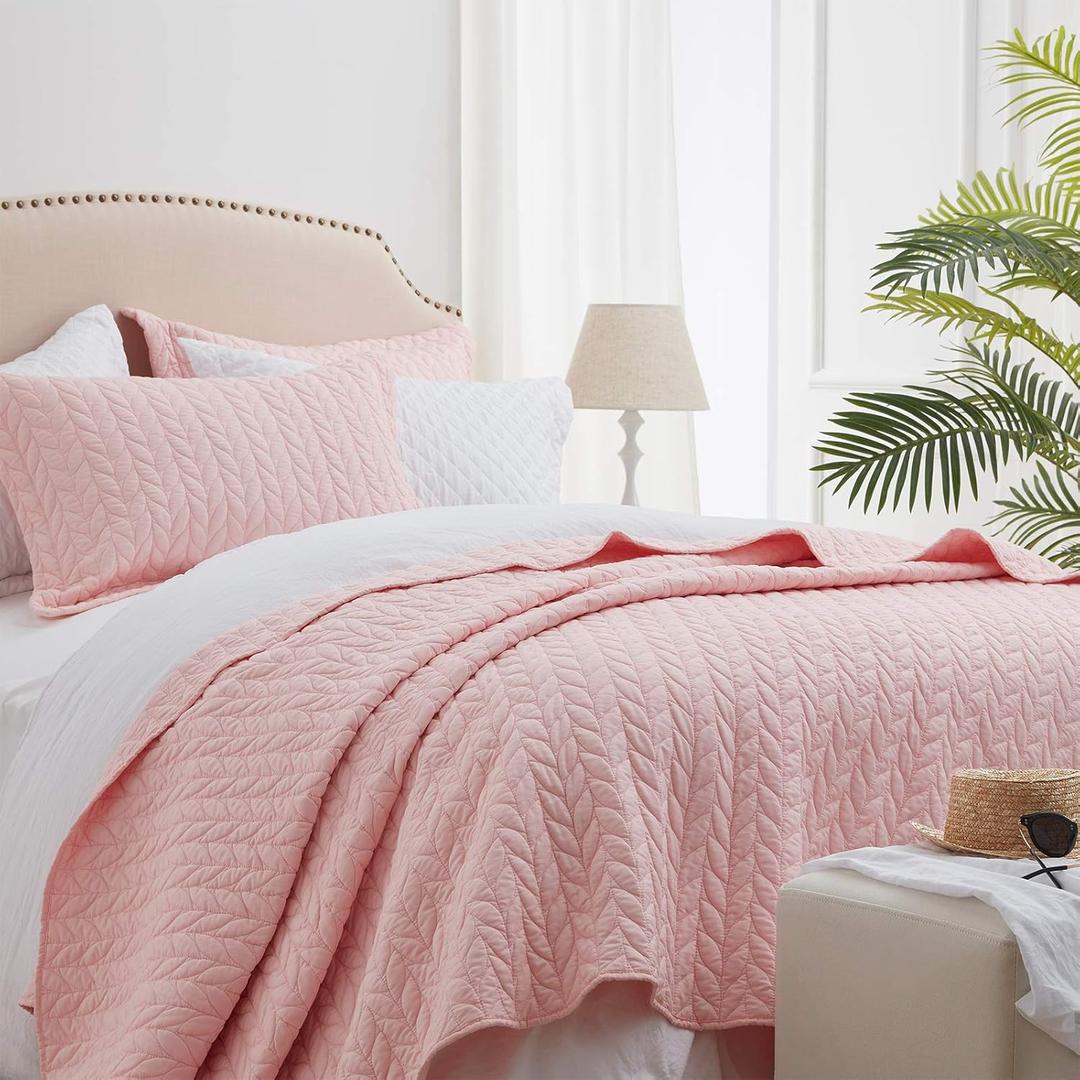 SunStyle Home Pink Quilt Twin Size Bedding Set, Lightweight Comforter Bedspread Blanket Soft Reversible Coverlet for All Season 2pcs Leaf Embroidered Durable Quilted Stitching Bed Set Blush Girl