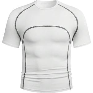 WDIRARA Men's Line Decor Slim Fit Crop T-Shirts Round Neck Short Sleeve Summer Tee Tops (White, L)