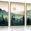 LHIUEM Large Boho Mountain Framed Wall Art Set,Green Foggy Forest Wall Painting,Abstract Nature Sunrise Artwork,Watercolor Pine Tree Wall Decor for Living Room,Bedroom,Office-16''x24''x3, Sunrise Mountain Wall Art
