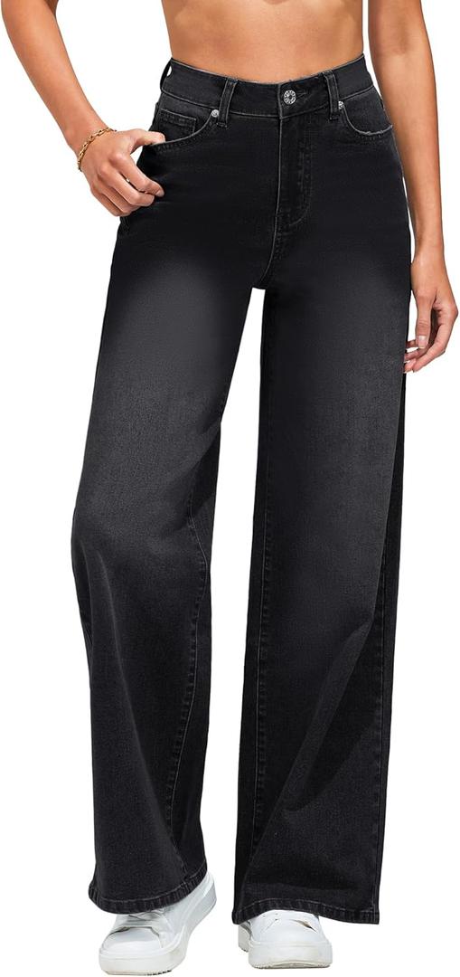 GRAPENT Wide Leg Jeans for Women Trendy High Waisted Stretchy Denim Pants 90s Baggy Jeans Trouser Jeans with Pockets (Large, True Black)