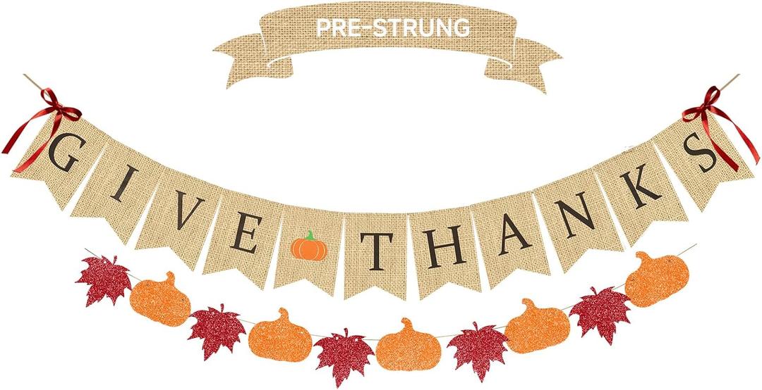Give Thanks Burlap Banner with Pumpkin Maple Leaves Sign Garland, Happy Fall Thanksgiving Banner for Thanksgiving Fireplace Decoration Rustic Wall Harvest Outdoor Home Office Hanging Decor