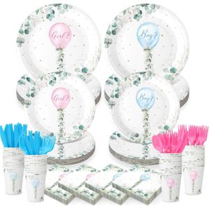 350 Pcs Greenery Gender Reveal Decorations Plates and Cups and Napkins Sets with Forks Balloon Boy or Girl Gender Reveal Supplies for 50 Guests