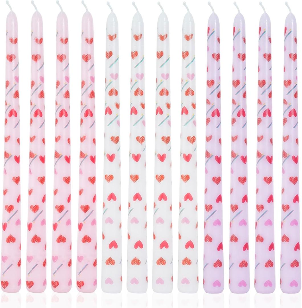 Heart Taper Candles Red Tall Taper Candles 12 inch Unscented Smokeless Candle for Candlesticks Sticks Wedding Home Decor Dinner Christmas Set of 12 (12''-Light Pink-Print-LOVE)