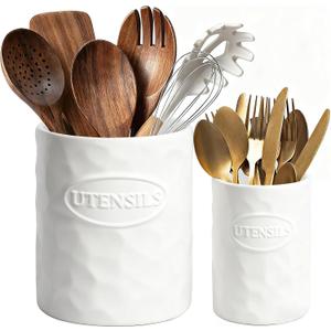 White Utensil Holder Set of 2 Ceramic Cooking Utensil Crock Modern Kitchen Utensil Organizer for Countertop Spatula Spoon and as a Decorative Vase for Housewarming Gift