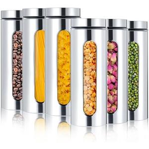 Mimorou 5 Pack Kitchen Canisters Set Airtight Coffee Sugar Tea Candy Storage Jars with Window Glass Stainless Steel Containers with Lids for Flour Cookies Spices Grains Kitchen Decorations (60 oz)