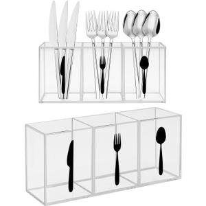 Plastic Utensil Holder, Knife Fork and Spoon Holder Silverware Caddy, Acrylic Kitchen Cutlery Storage Box, Flatware Organizer for Countertop, Indoor Outdoor Party Tableware Holder (Transparent)