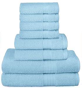 GLAMBURG Ultra Soft 8-Piece Towel Set - 100% Pure Cotton, Sky Blue