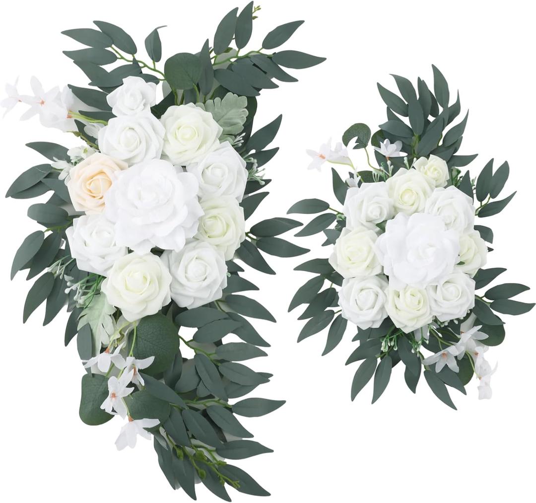 2 PCS Dusty Blue Wedding Arch Flower Swags, Artificial Floral Decor for Welcome Sign, White Rose Arrangement for Ceremony Backdrop, Reception Decor, Round Hexagon Triangle Arch