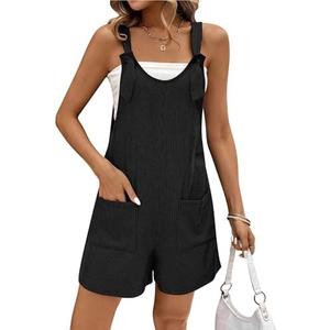 Ekouaer Rompers for Women 2026 Fashion Ribbed Knit Jumpsuit Scoop Neck Loose Outfit Wide Leg Summer One Piece Shortalls, XL, Black