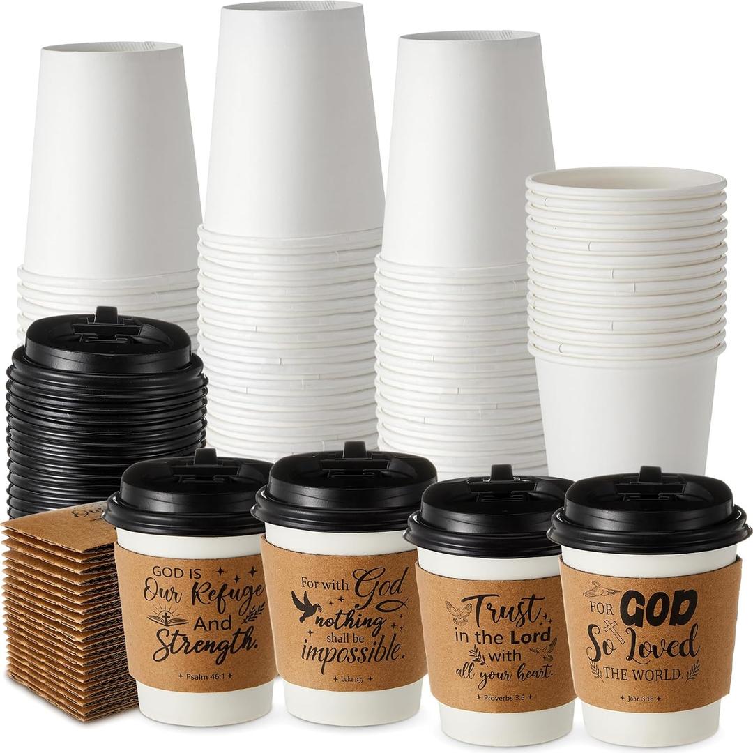 Jingmore 24 Pcs 8oz Christian Bible Vase Coffee Cups with Lids and Sleeves Disposable Inspirational Religious Paper Hot Coffee tea Cups for Church Christian Party Favor Sunday School Church Baptism
